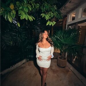 Long sleeve embelished corset mini dress in ivory